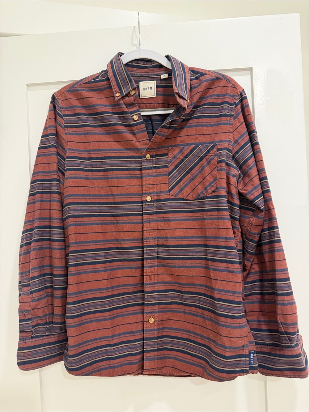 ROWM Men’s Striped Cotton Button Down Shirt Rust Navy Size S
